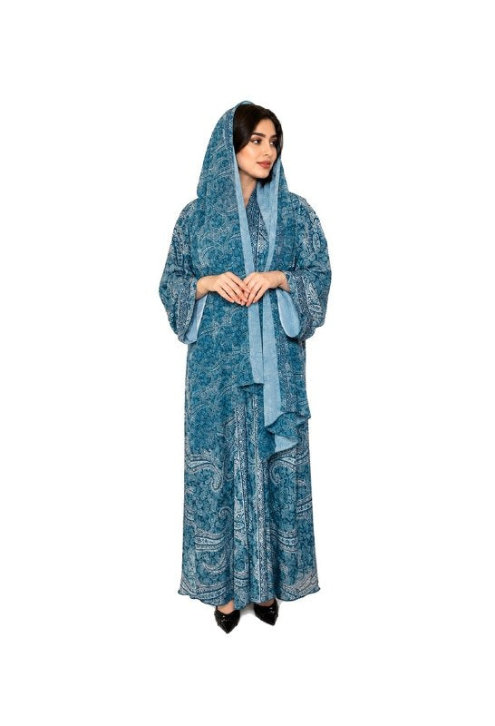 Ocean Blue Paisley Silk Abaya Set - Luxury Printed Open Kimono with Matching Shayla