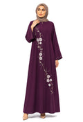 Plum Purple Embroidered Abaya - Luxury Closed Front Dress with Asymmetric Floral