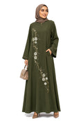 Olive Green Embroidered Abaya - Elegant Modest Dress with Asymmetric Floral