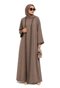 Taupe Linen-Look Summer Abaya Set - Elegant Open Kimono with Chevron Geometric