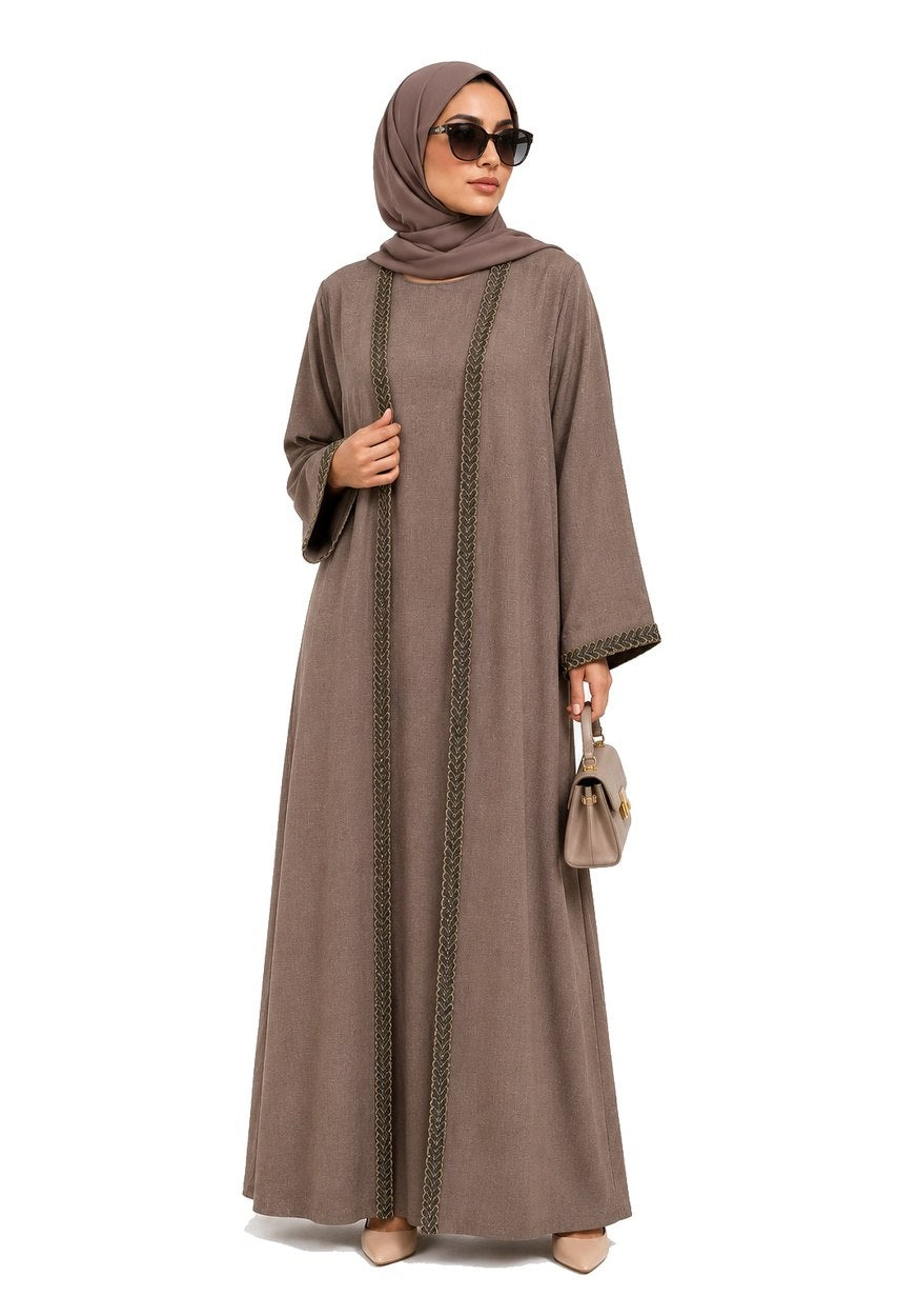 Taupe Linen-Look Summer Abaya Set - Elegant Open Kimono with Chevron Geometric