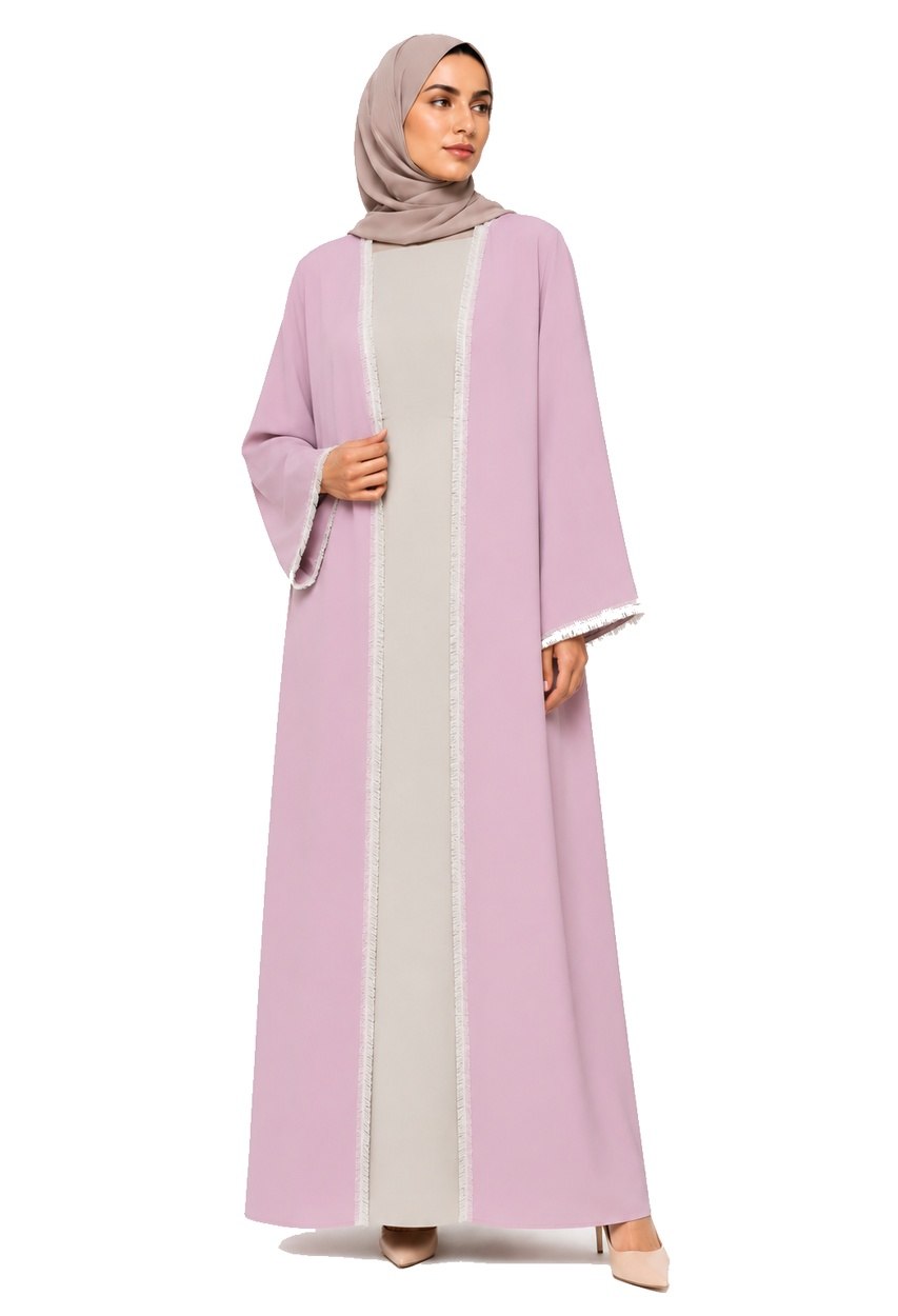 Mauve Summer Abaya Set - Elegant Open Kimono with Fringe Trim and Inner Dress