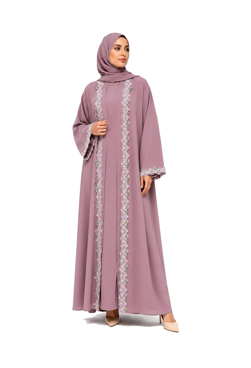 Mauve Embroidered Summer Abaya - Elegant Open Front Kimono with Floral Lace Trim