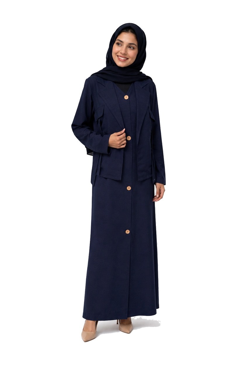 Navy Blue Modest Business Suit Set - Elegant Office Wear Blazer and Long Buttoned